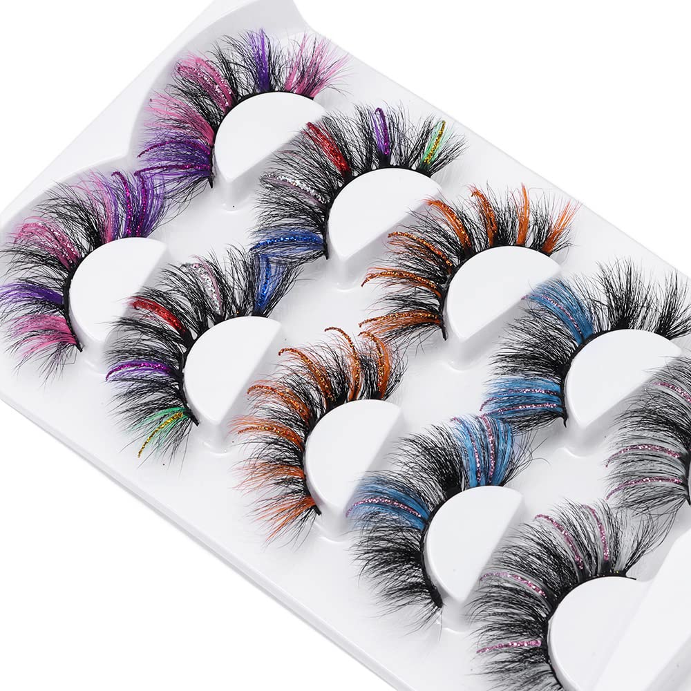 outopen 5 Pairs 20mm Glitter Lashes – Colorful Mink Lashes for Halloween, Cosplay & Party Makeup
