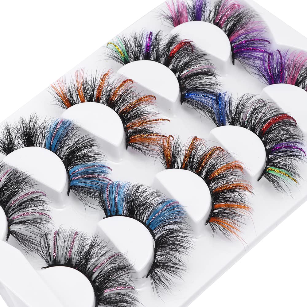 outopen 5 Pairs 20mm Glitter Lashes – Colorful Mink Lashes for Halloween, Cosplay & Party Makeup