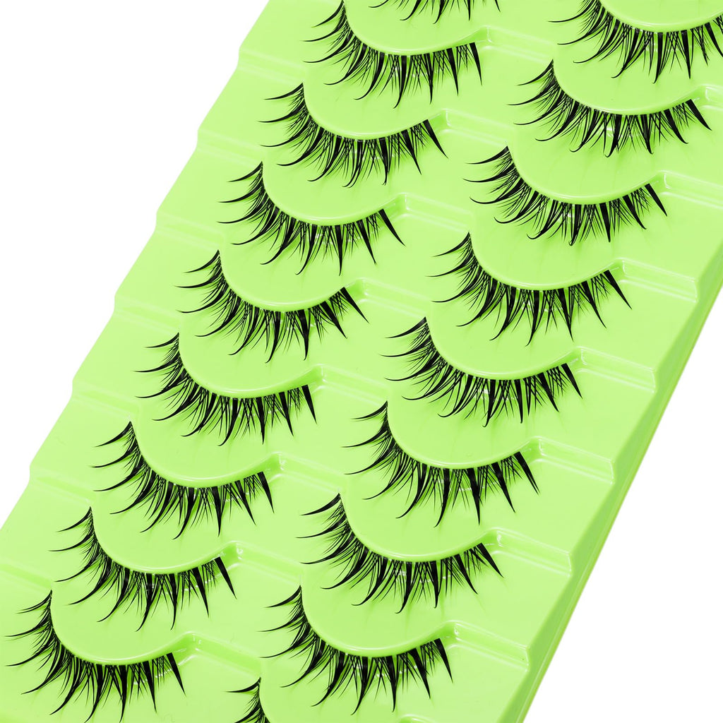 outopen Manga Lashes – 10 Pairs Clear Band 9-12mm, Wet Look Spiky Anime Eyelashes