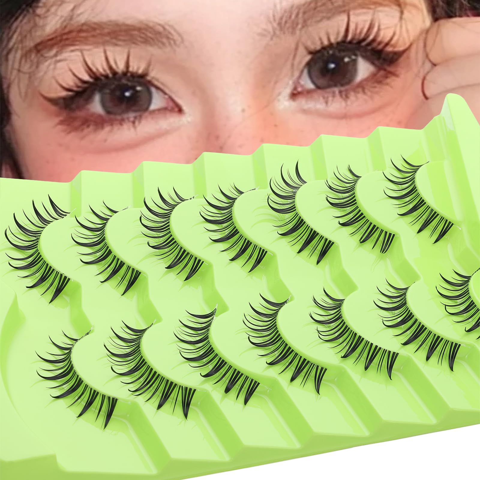 Outopen 7 Pairs Manga Lashes – Natural Look, Spiky Wispy Anime Lashes, Clear Band