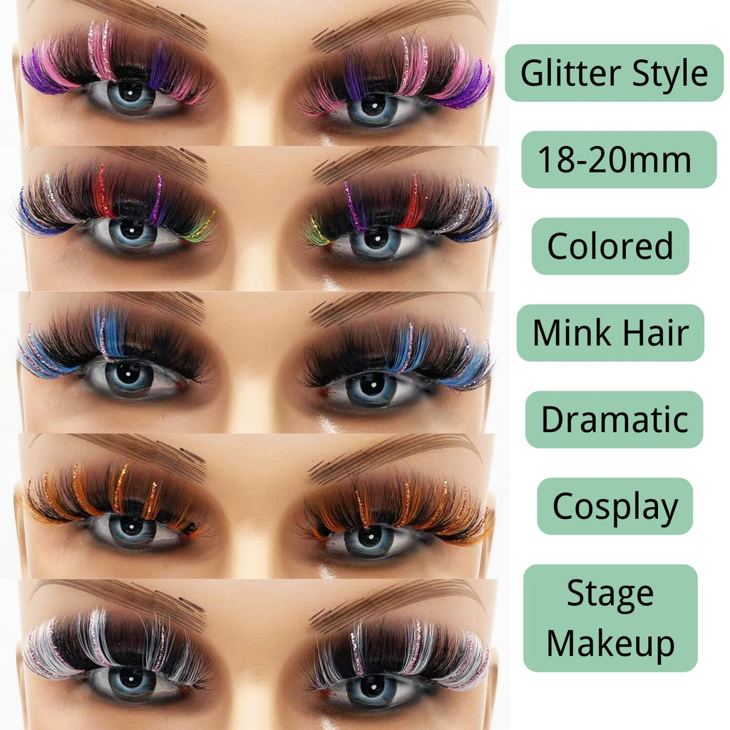 outopen 5 Pairs 20mm Glitter Lashes – Colorful Mink Lashes for Halloween, Cosplay & Party Makeup
