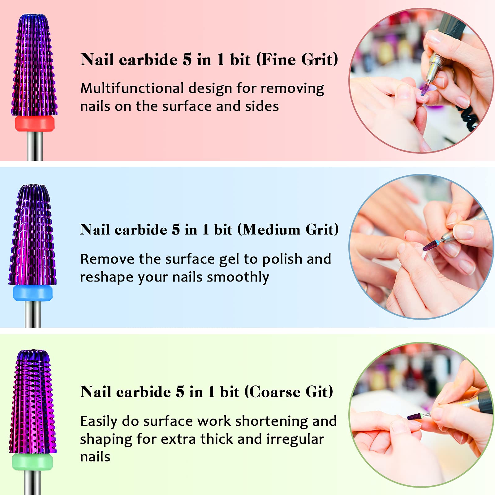 Outus 3-Piece Nail Carbide 5-in-1 Bit – 2-Way Rotation, 3/32-Inch Shank