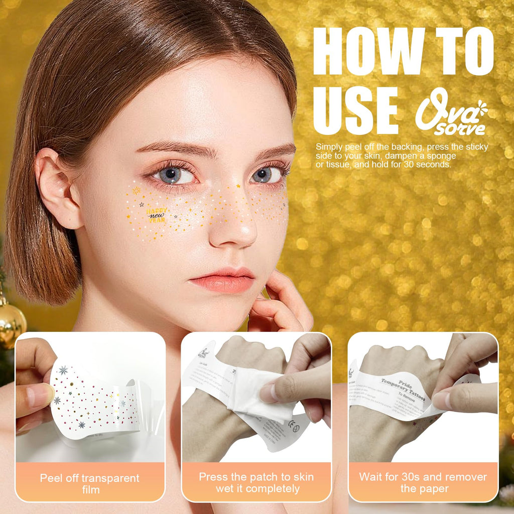 Ovasorve Happy New Year Freckles Face Tattoo – Gold & Silver Stars & Fireworks, Waterproof NYE Gems