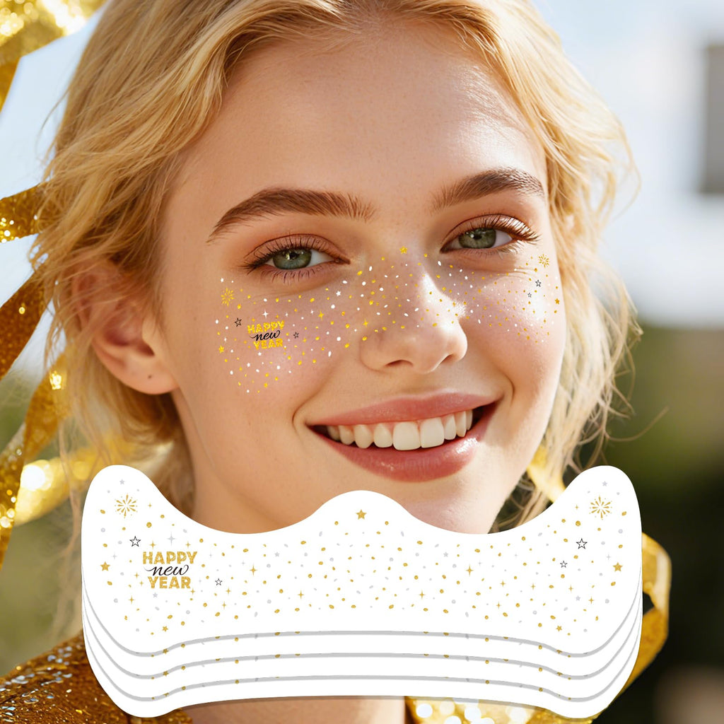 Ovasorve Happy New Year Freckles Face Tattoo – Gold & Silver Stars & Fireworks, Waterproof NYE Gems