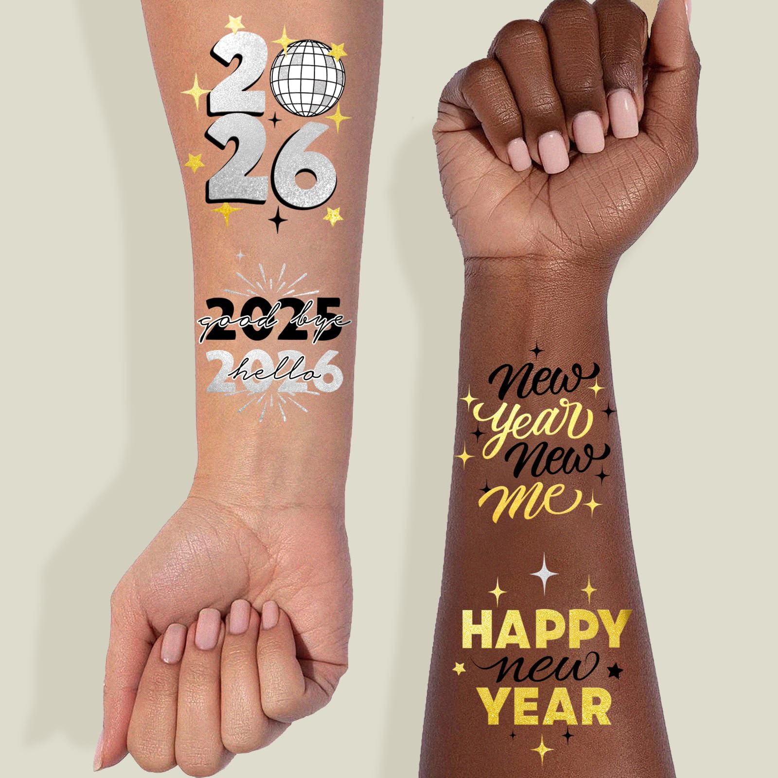 Ovasorve New Years Eve Party Tattoos – 40 Gold & Silver Foil NYE Styles | 2026 Party Favors