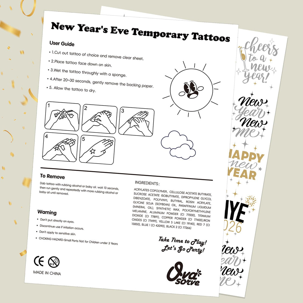 Ovasorve New Years Eve Party Tattoos – 40 Gold & Silver Foil NYE Styles | 2026 Party Favors