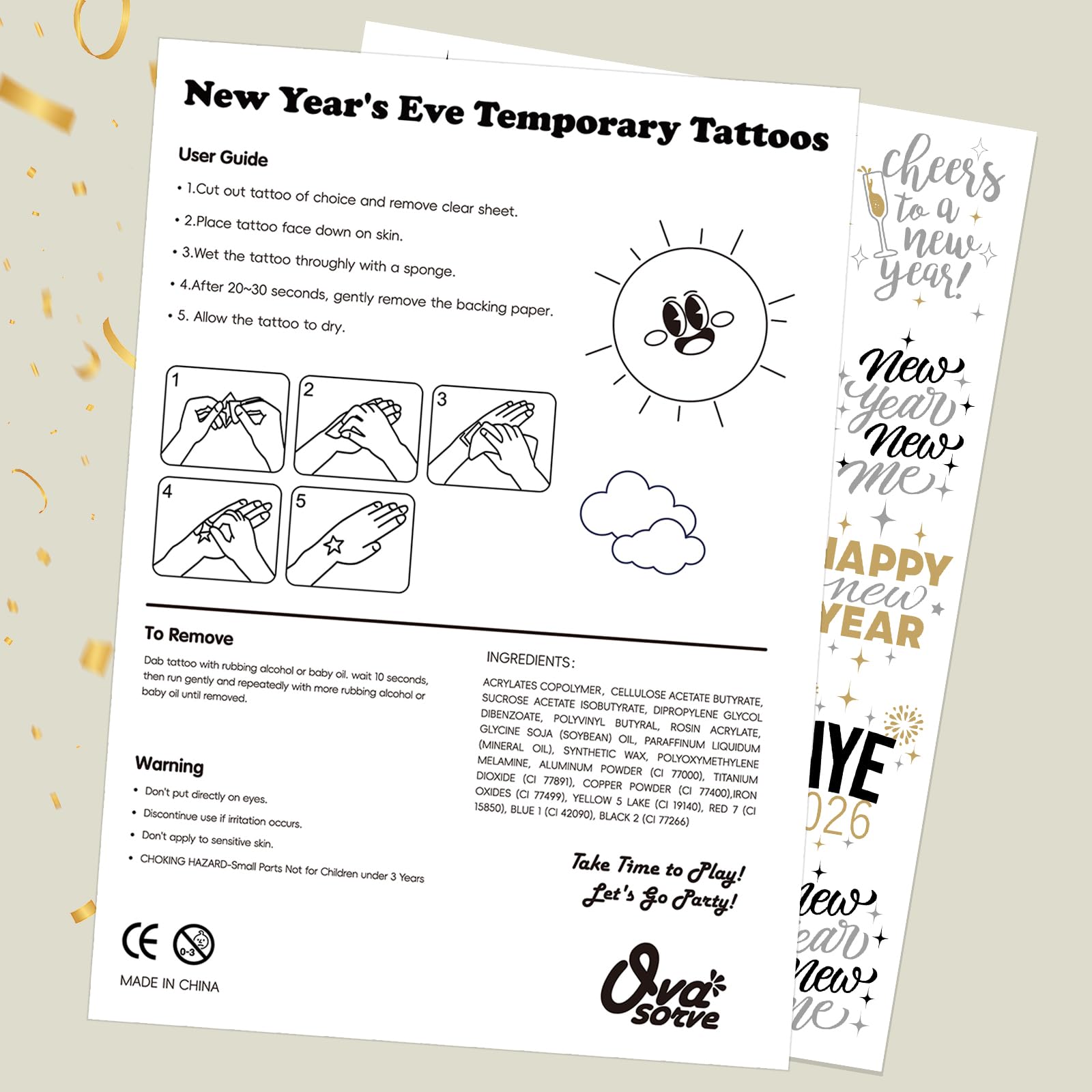 Ovasorve New Years Eve Party Tattoos – 40 Gold & Silver Foil NYE Styles | 2026 Party Favors