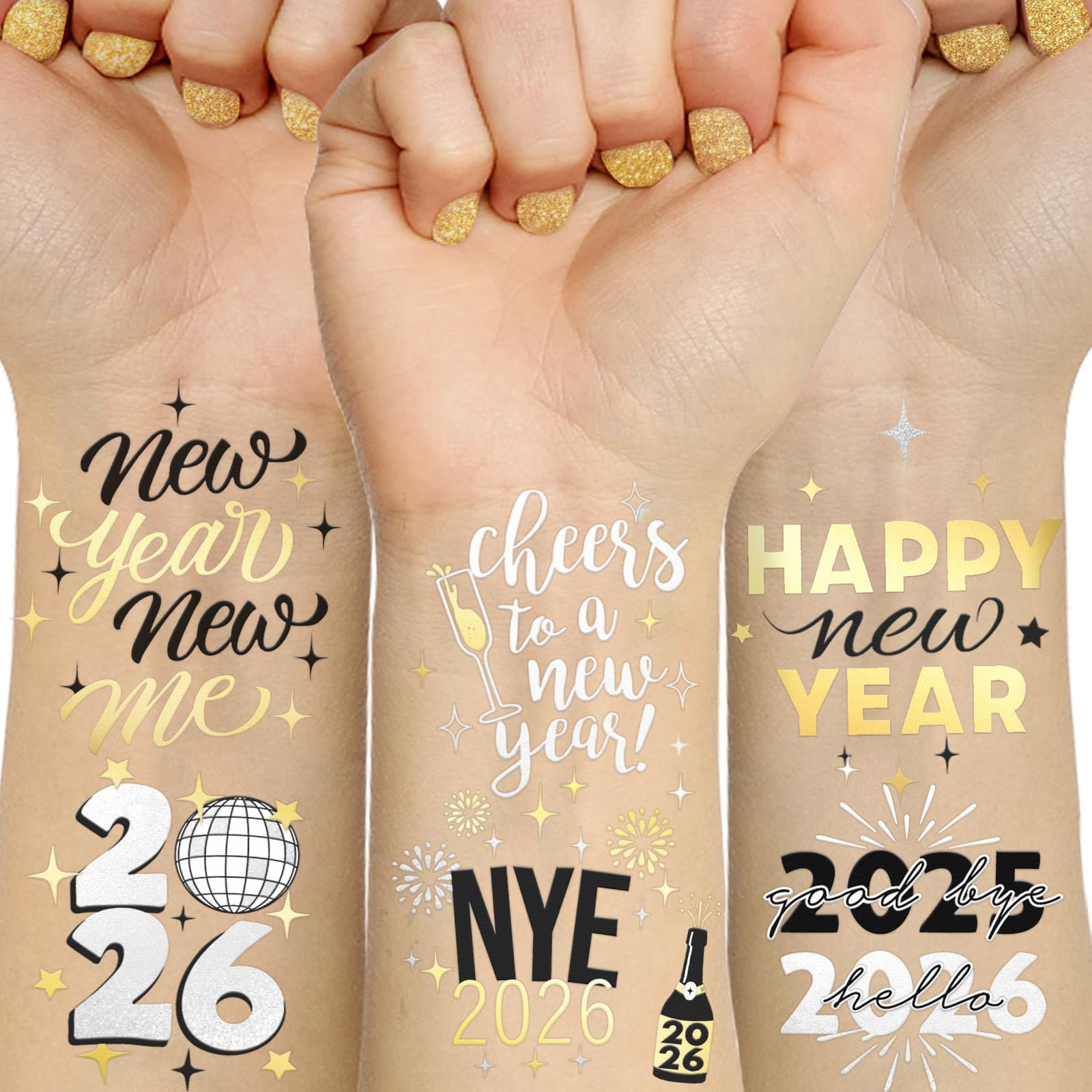 Ovasorve New Years Eve Party Tattoos – 40 Gold & Silver Foil NYE Styles | 2026 Party Favors