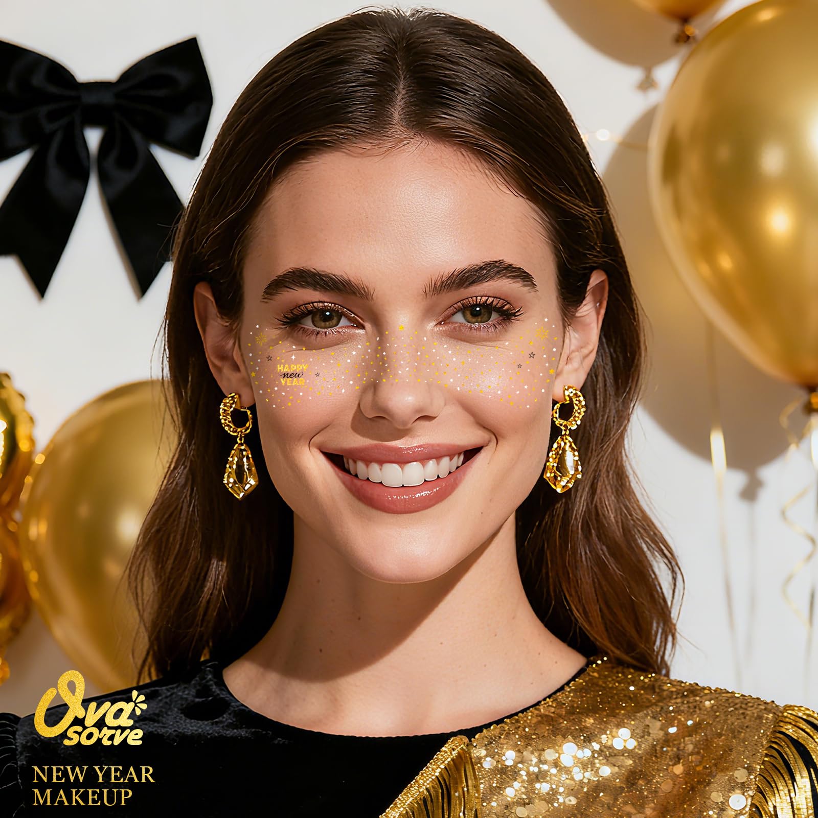 Ovasorve Happy New Year Freckles Face Tattoo – Gold & Silver Stars & Fireworks, Waterproof NYE Gems