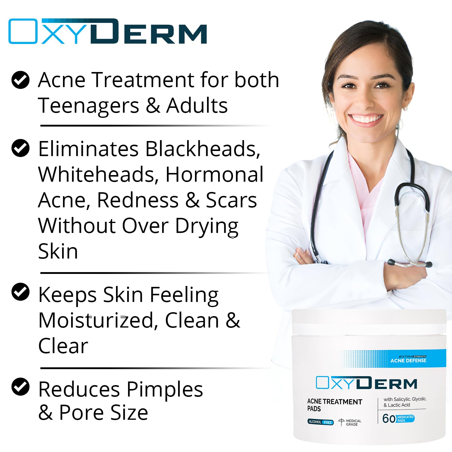 OxyDerm Acne Treatment Pads – Clear Pores, Reduce Blemishes & Breakouts | 60 Count