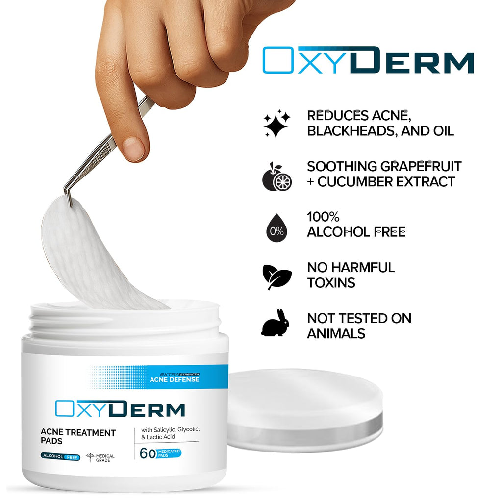 OxyDerm Acne Treatment Pads – Clear Pores, Reduce Blemishes & Breakouts | 60 Count