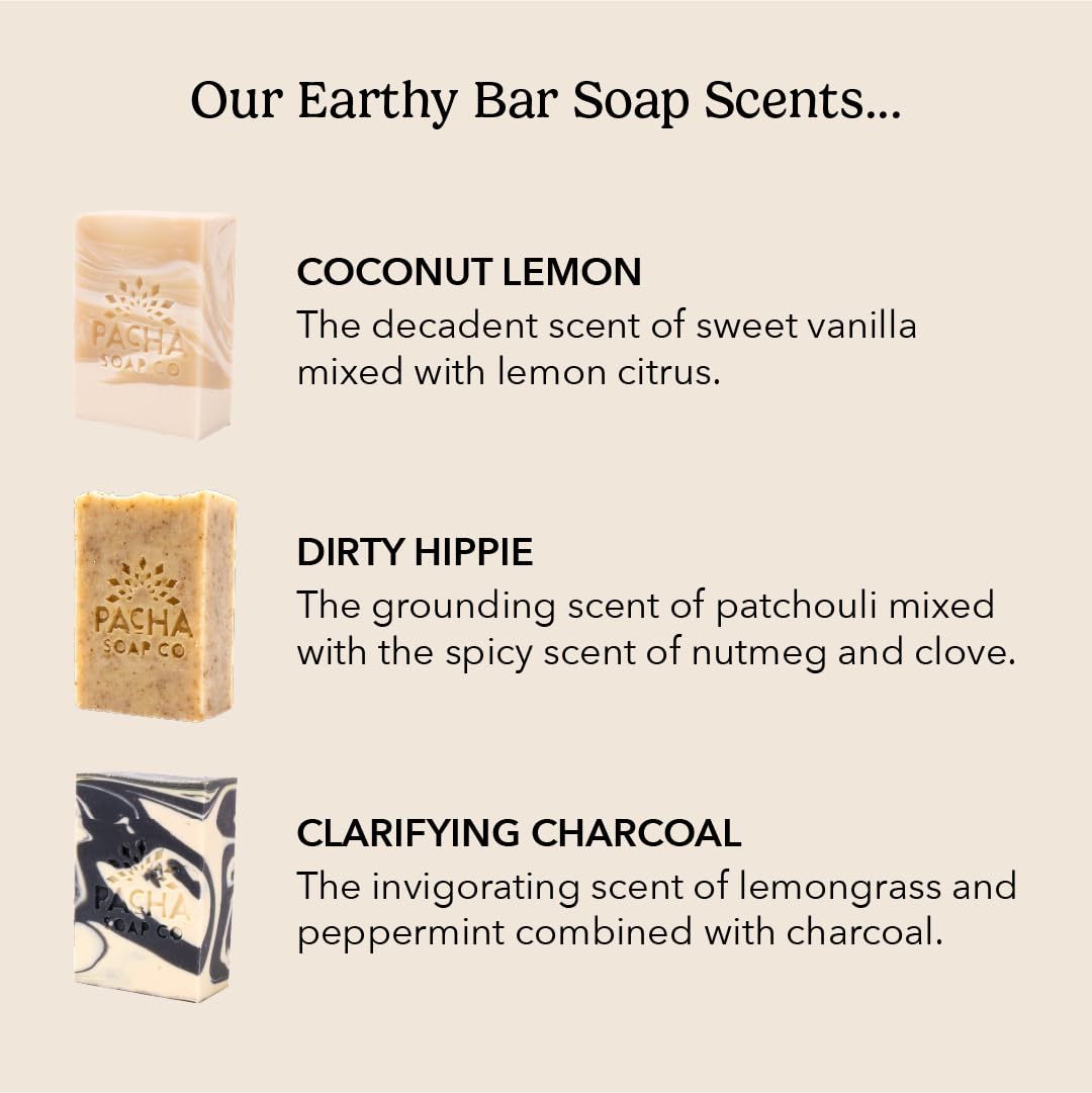 Pacha Soap Co. Earthy Clean Bundle: Coconut Lemon, Dirty Hippie & Clarifying Charcoal (3×4 oz)