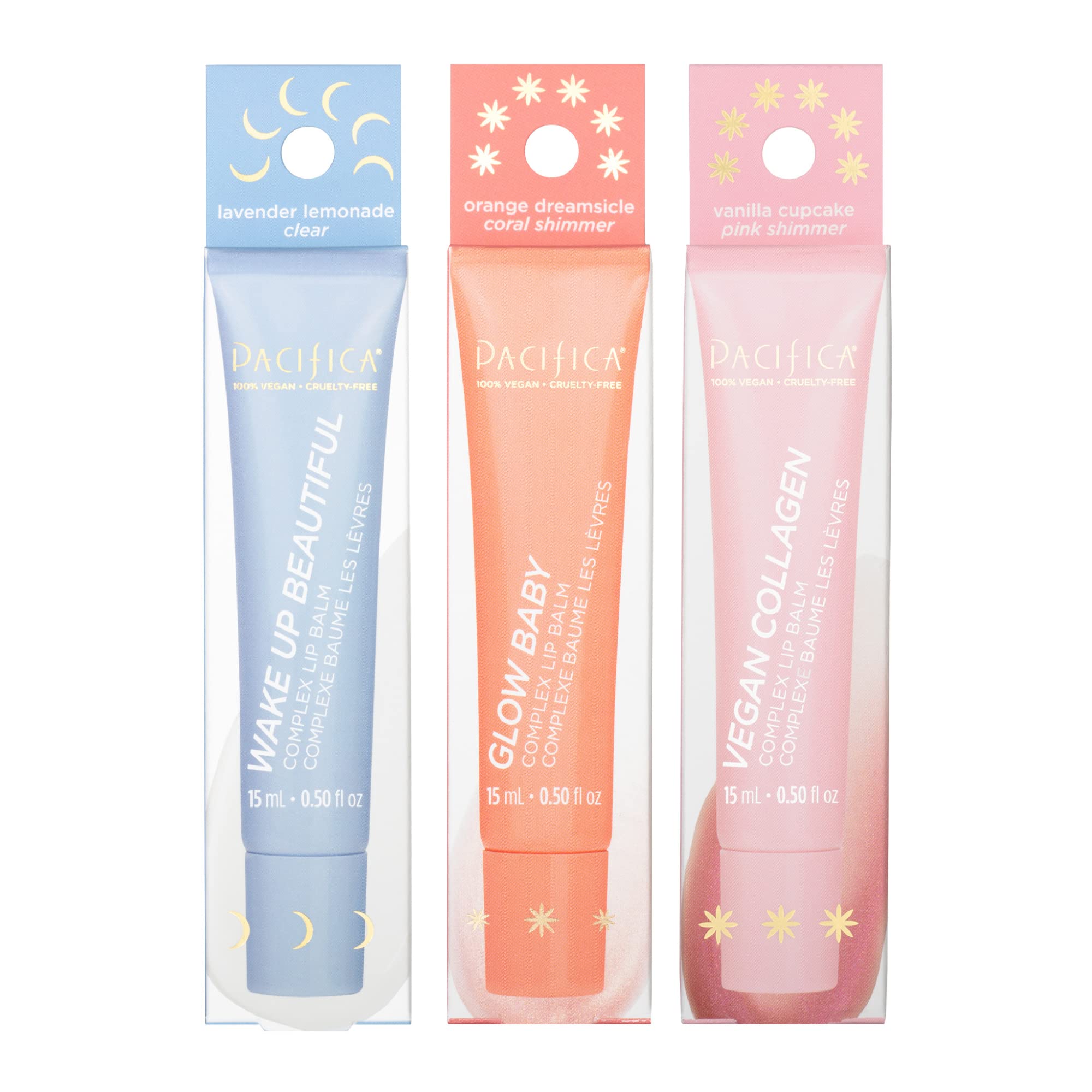 Pacifica Complex Lip Balm Trio Gift Set – Glow Baby Tangerine, Wake Up Beautiful Lavender Lemon & Vanilla Cupcake