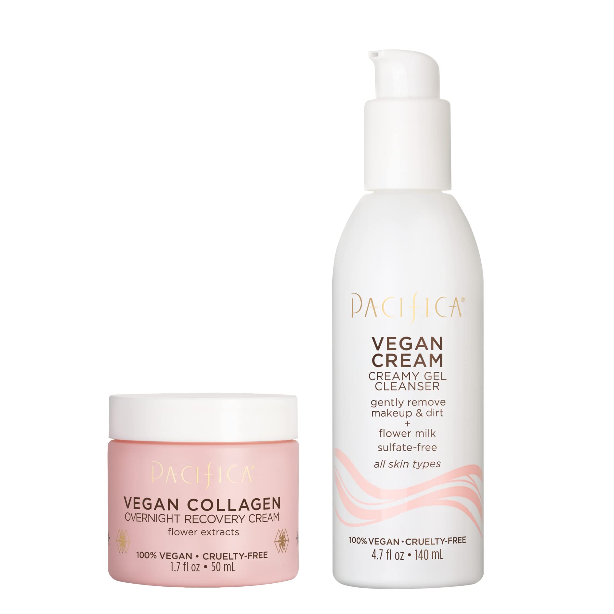 Pacifica Vegan Collagen Cleanser + Overnight Recovery Cream Set – Creamy Gel Cleanser & Night Moisturizer
