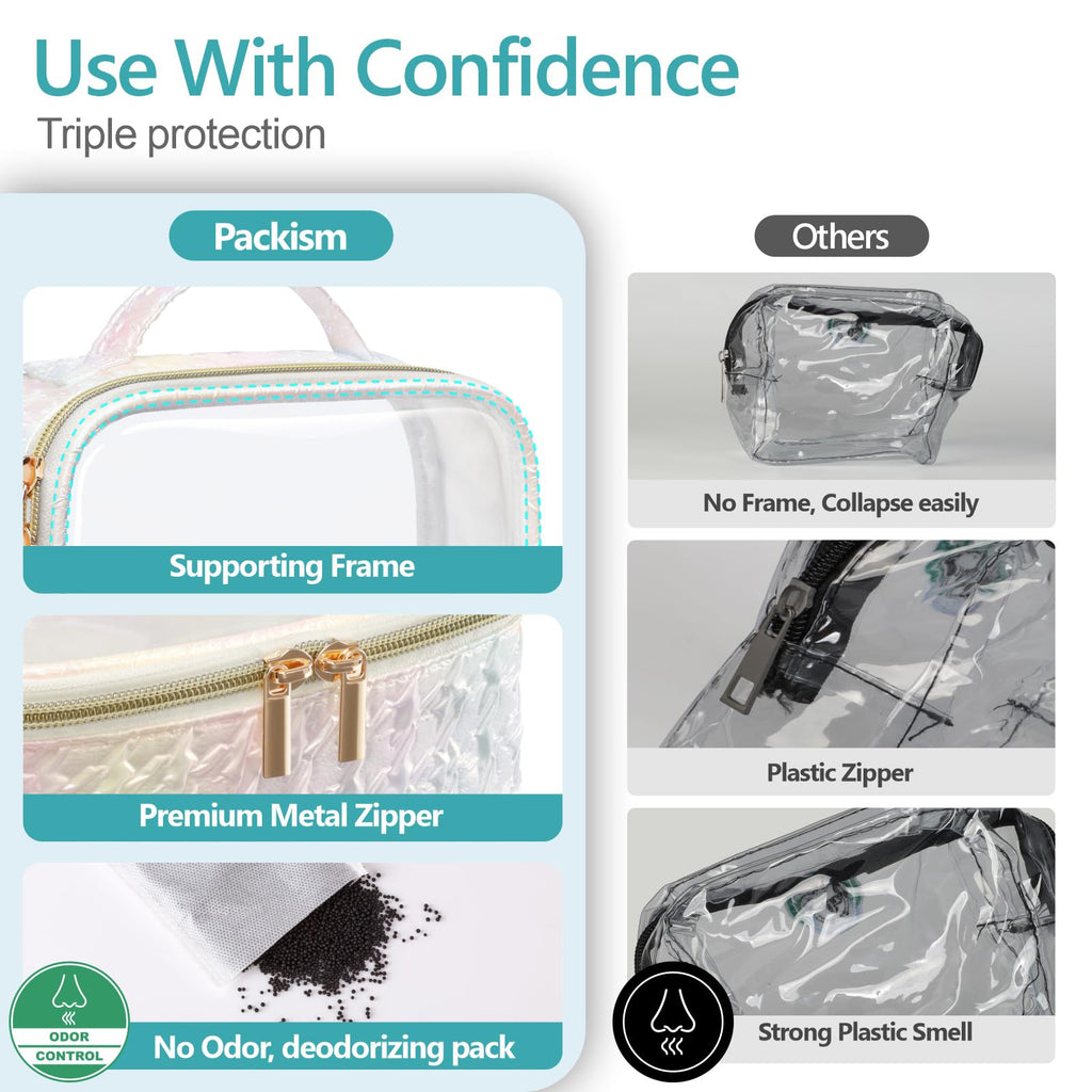 PACKISM Stylish TSA-Approved Toiletry Bag Set | Ruched Clear Makeup Bags with Handle (Medium + Large) - Colorful White