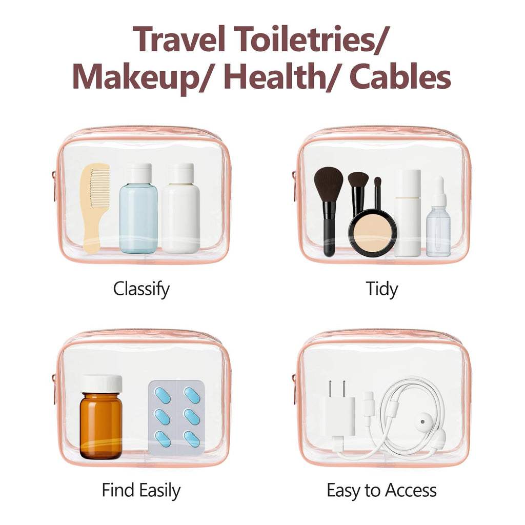 PACKISM TSA Approved Toiletry Bag Set of 4 (Medium) - Clear Quart-Size Rose Pink