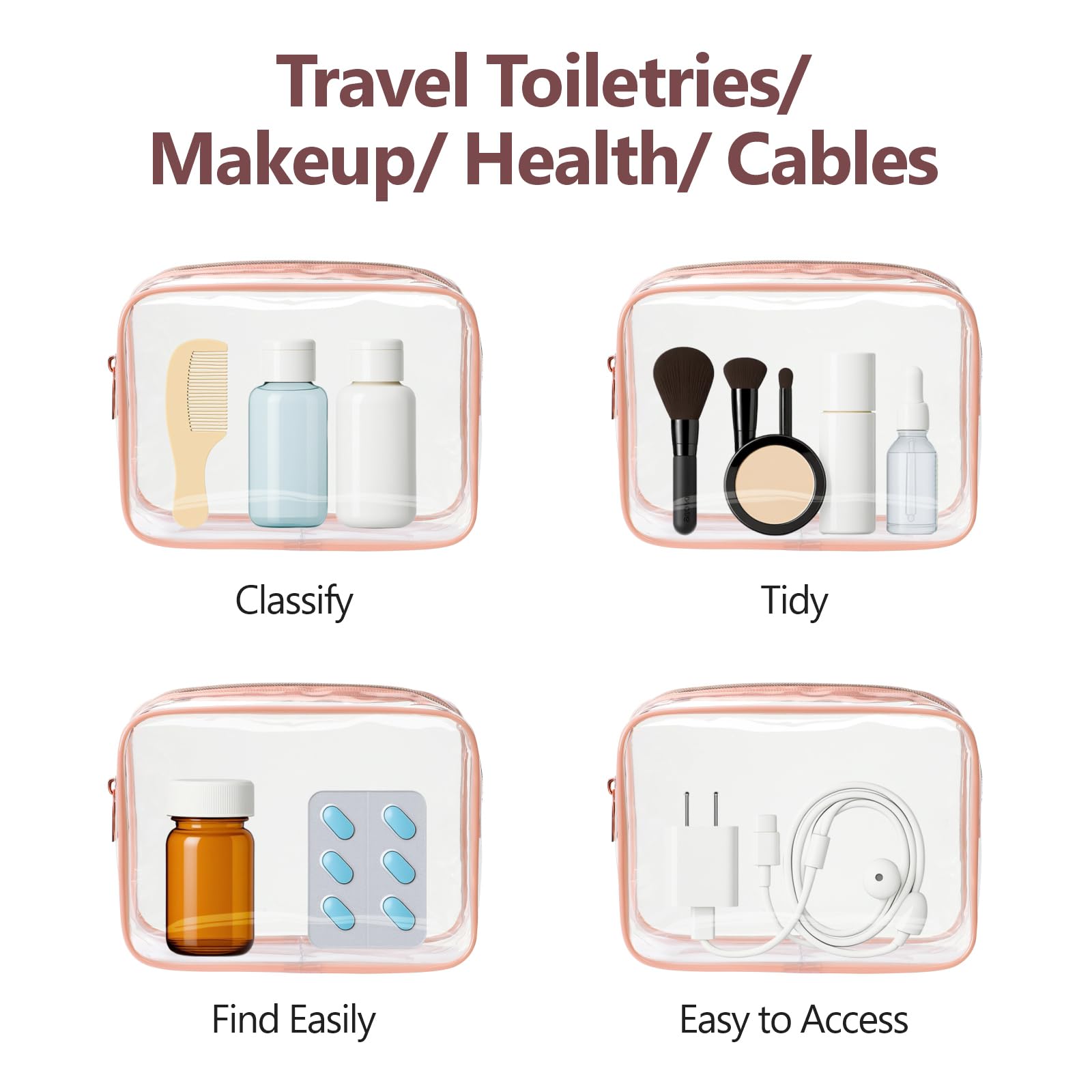 PACKISM TSA Approved Toiletry Bag Set of 4 (Medium) - Clear Quart-Size Rose Pink