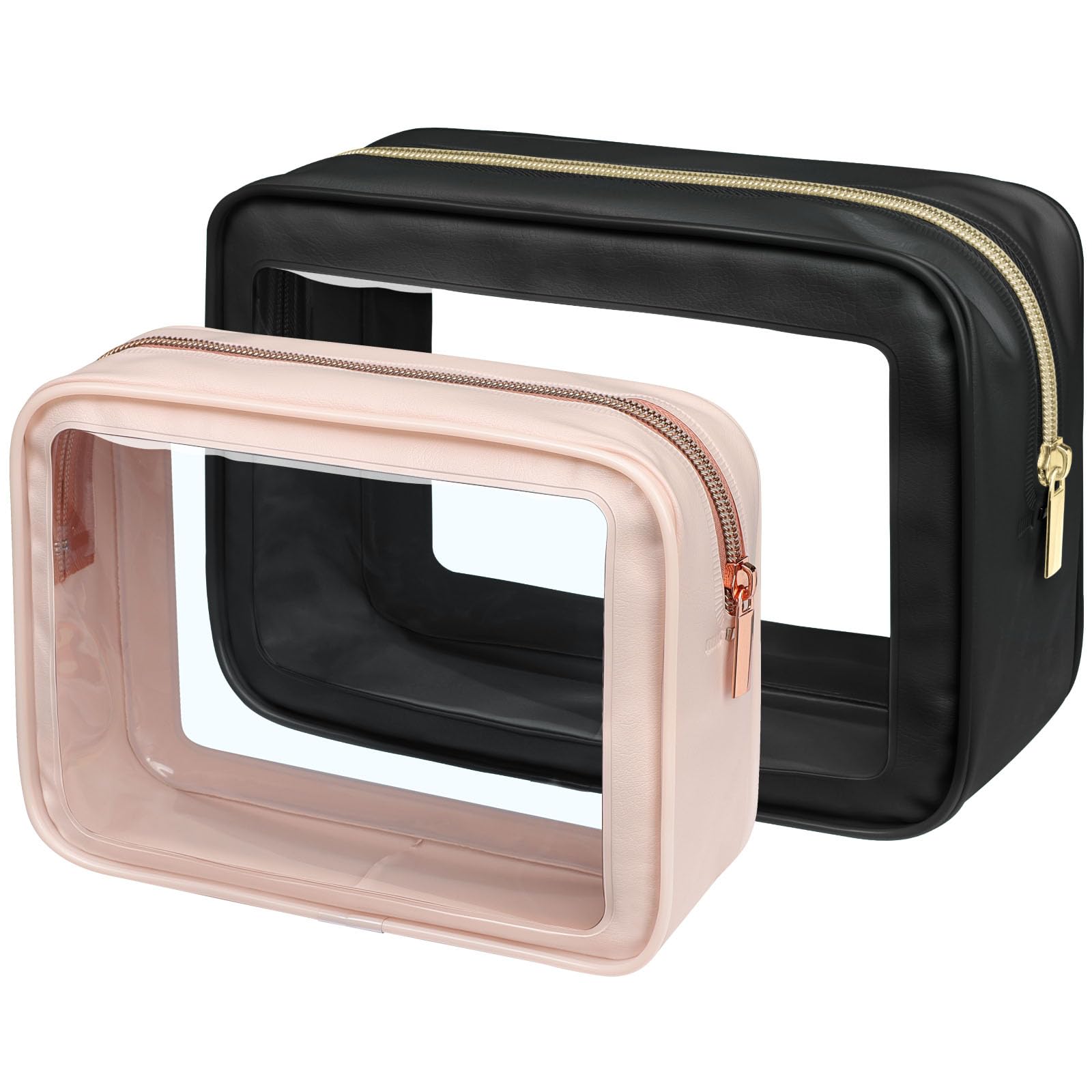 PACKISM 2 Pack Clear Makeup Bag Set – Large + Medium, Foldable TSA-Approved Toiletry Bags for Carry-On, Luggage & Car Organization (Black/Pink)