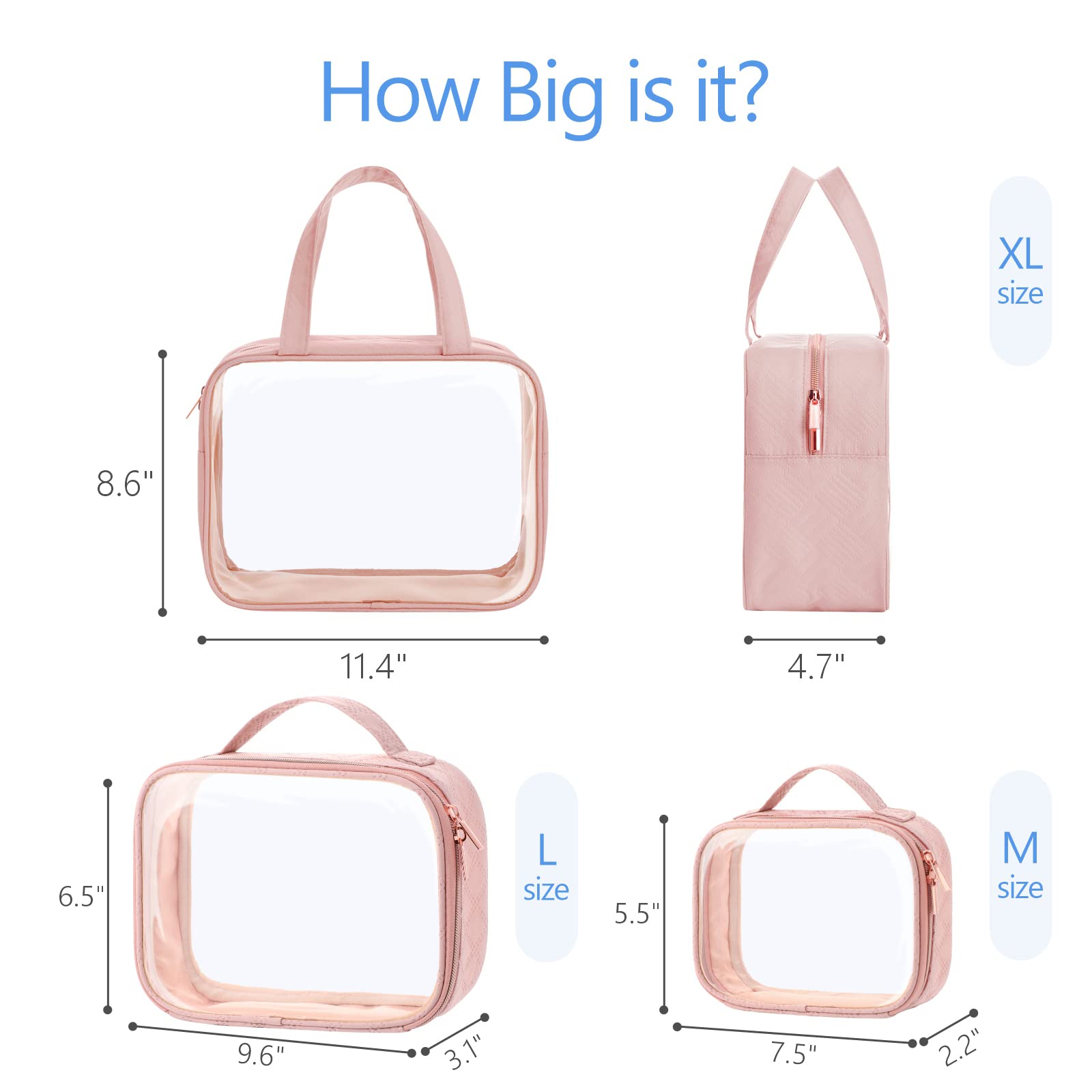 PACKISM Clear Makeup Bag Combo Pack – TSA-Approved Medium, Large & XL in Rose Pink | Water-Resistant Travel Organizer