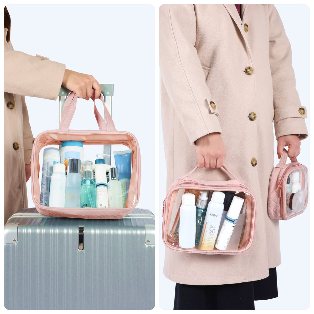 PACKISM Clear Makeup Bag Combo Pack – TSA-Approved Medium, Large & XL in Rose Pink | Water-Resistant Travel Organizer
