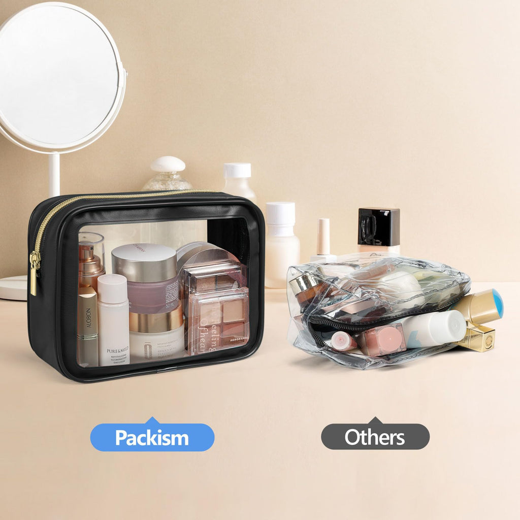 PACKISM 2 Pack Clear Makeup Bag Set – Large + Medium, Foldable TSA-Approved Toiletry Bags for Carry-On, Luggage & Car Organization (Black/Pink)