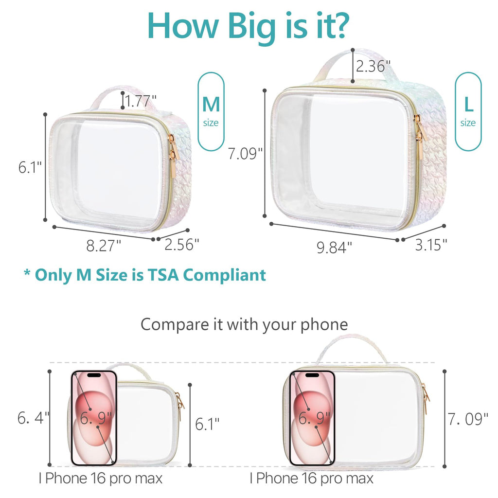 PACKISM Stylish TSA-Approved Toiletry Bag Set | Ruched Clear Makeup Bags with Handle (Medium + Large) - Colorful White