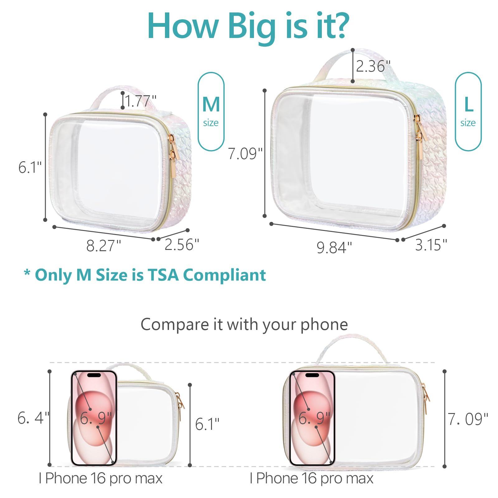 PACKISM Stylish TSA-Approved Toiletry Bag Set | Ruched Clear Makeup Bags with Handle (Medium + Large) - Colorful White