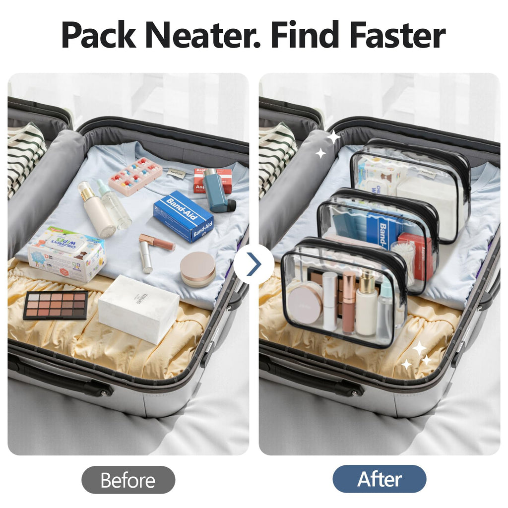 PACKISM TSA-Approved Clear Toiletry Bag 3-Pack – Medium Quart Size, 7.5 x 2.2 x 5.5 in
