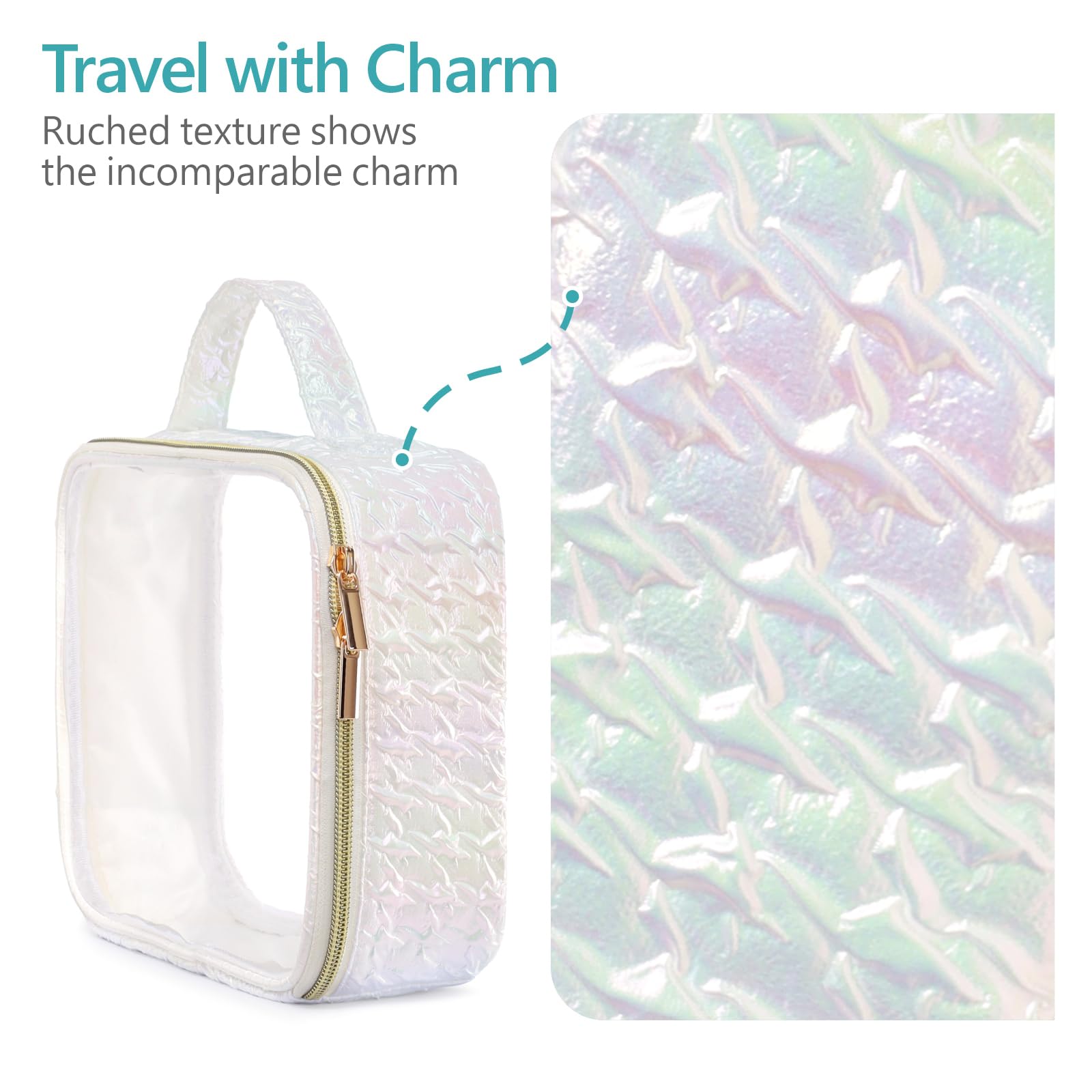 PACKISM Stylish TSA-Approved Toiletry Bag Set | Ruched Clear Makeup Bags with Handle (Medium + Large) - Colorful White