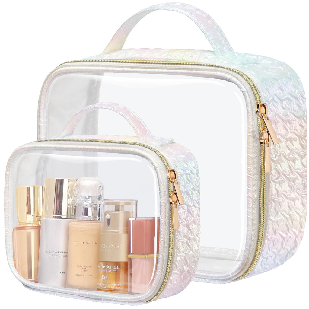 PACKISM Stylish TSA-Approved Toiletry Bag Set | Ruched Clear Makeup Bags with Handle (Medium + Large) - Colorful White