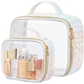 PACKISM Stylish TSA-Approved Toiletry Bag Set | Ruched Clear Makeup Bags with Handle (Medium + Large) - Colorful White
