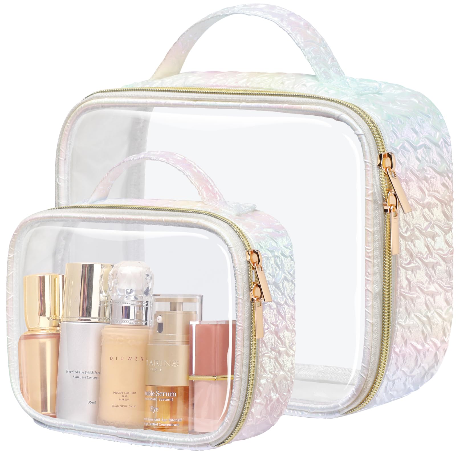 PACKISM Stylish TSA-Approved Toiletry Bag Set | Ruched Clear Makeup Bags with Handle (Medium + Large) - Colorful White