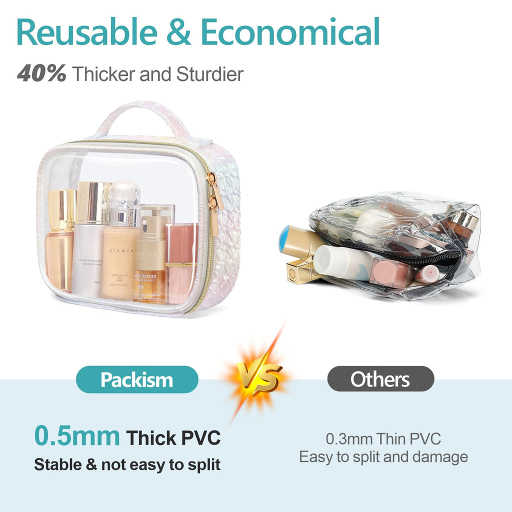 PACKISM Stylish TSA-Approved Toiletry Bag Set | Ruched Clear Makeup Bags with Handle (Medium + Large) - Colorful White