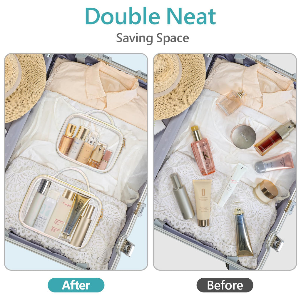 PACKISM Stylish TSA-Approved Toiletry Bag Set | Ruched Clear Makeup Bags with Handle (Medium + Large) - Colorful White