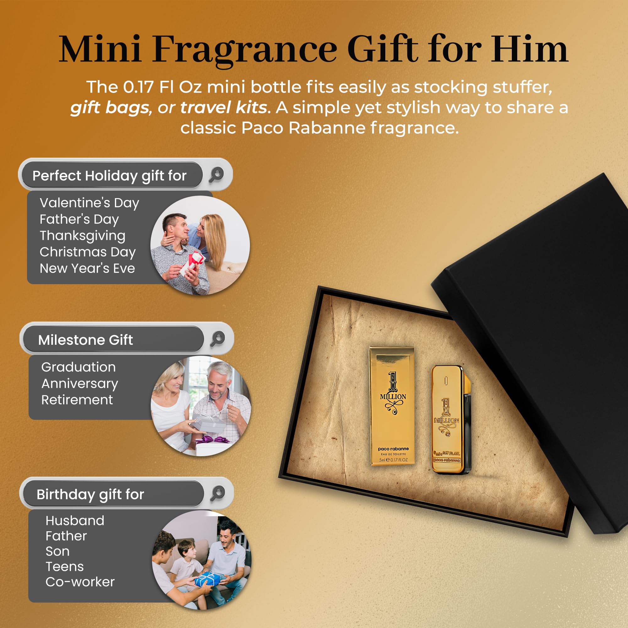 Paco Rabanne 1 Million Mini EDT Splash – 0.17 Fl Oz Travel-Size for Men