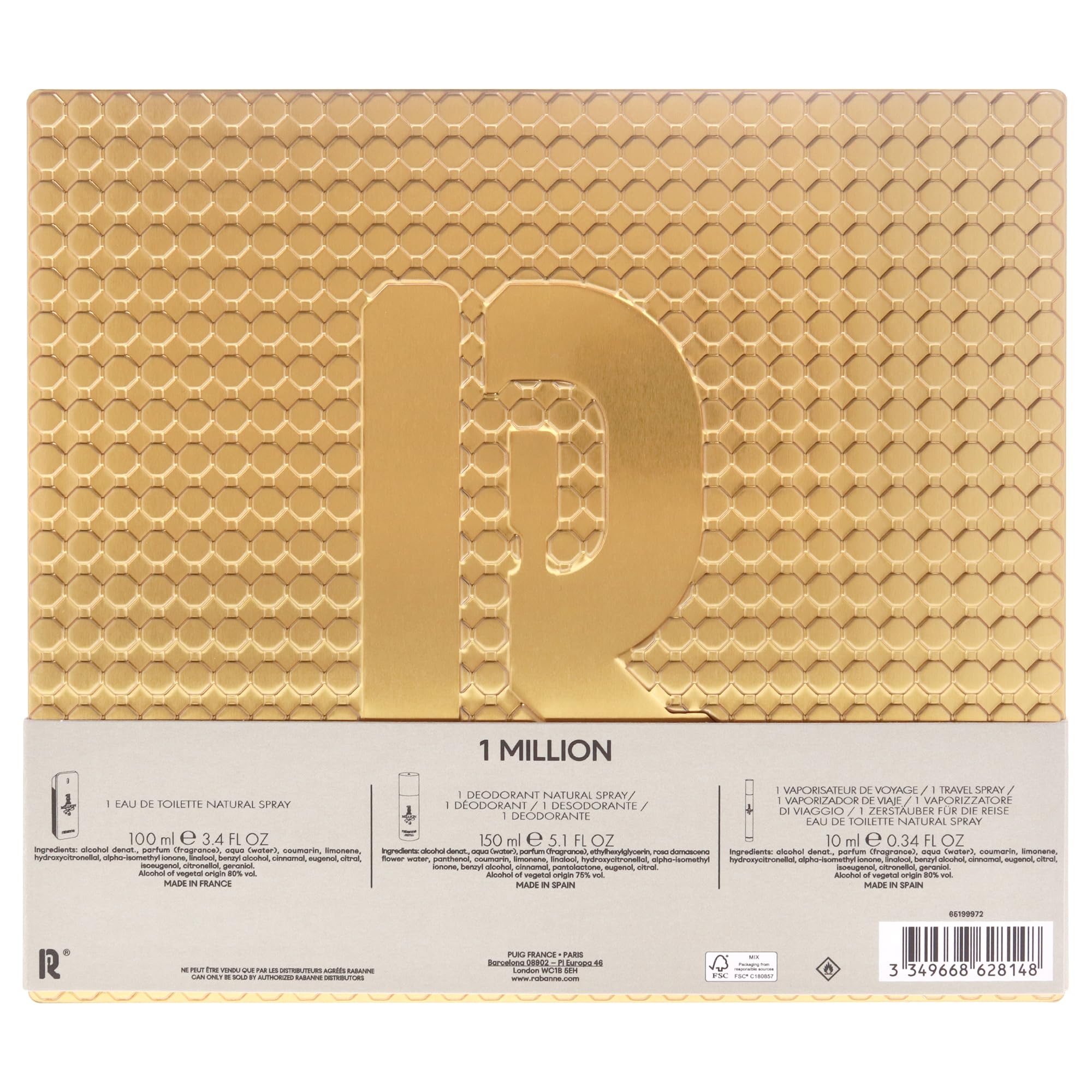 Paco Rabanne One Million 3-Piece Set for Men – EDT, Deodorant & Travel Spray