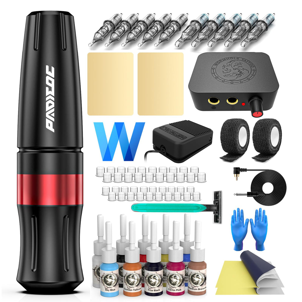 Padieoe Tattoo Gun Rotary Kit for Beginners – 10 Cartridges, 20 Ink, All-in-One Starter Pack