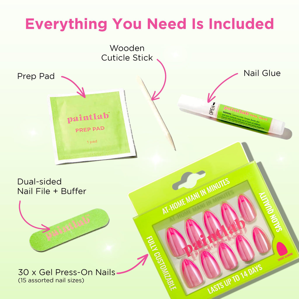 PaintLab Press-On Nails Kit Pink Flamingo – 30-Piece with Glue, File & Tools