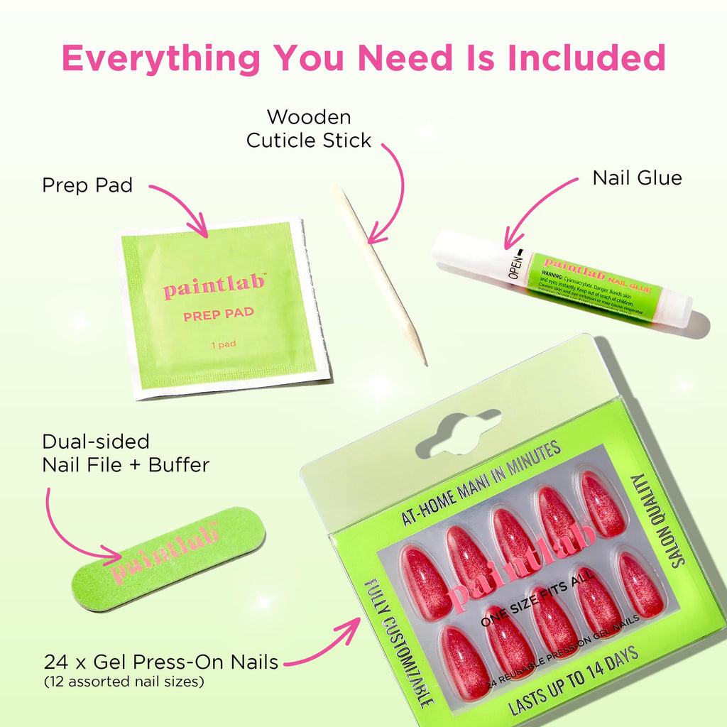 PaintLab Press-On Nails Kit – Red Rose Almond, 24-Piece Set