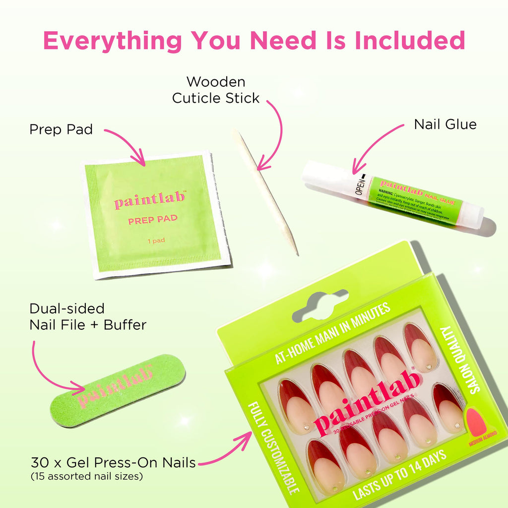 PaintLab Pinot Noir Press-On Nails Kit | 30-Piece Long-Lasting Manicure with Glue, File & More