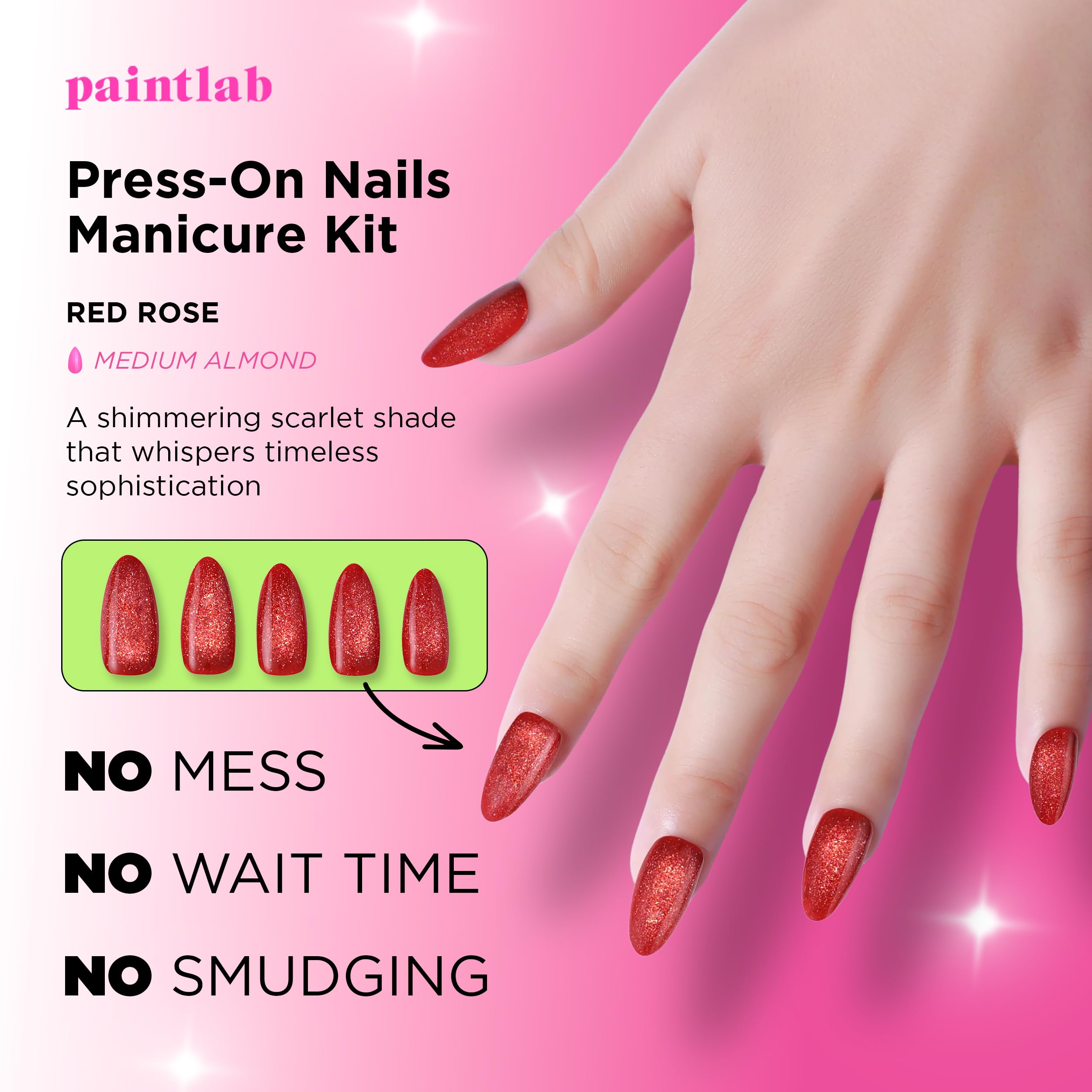 PaintLab Press-On Nails Kit – Red Rose Almond, 24-Piece Set