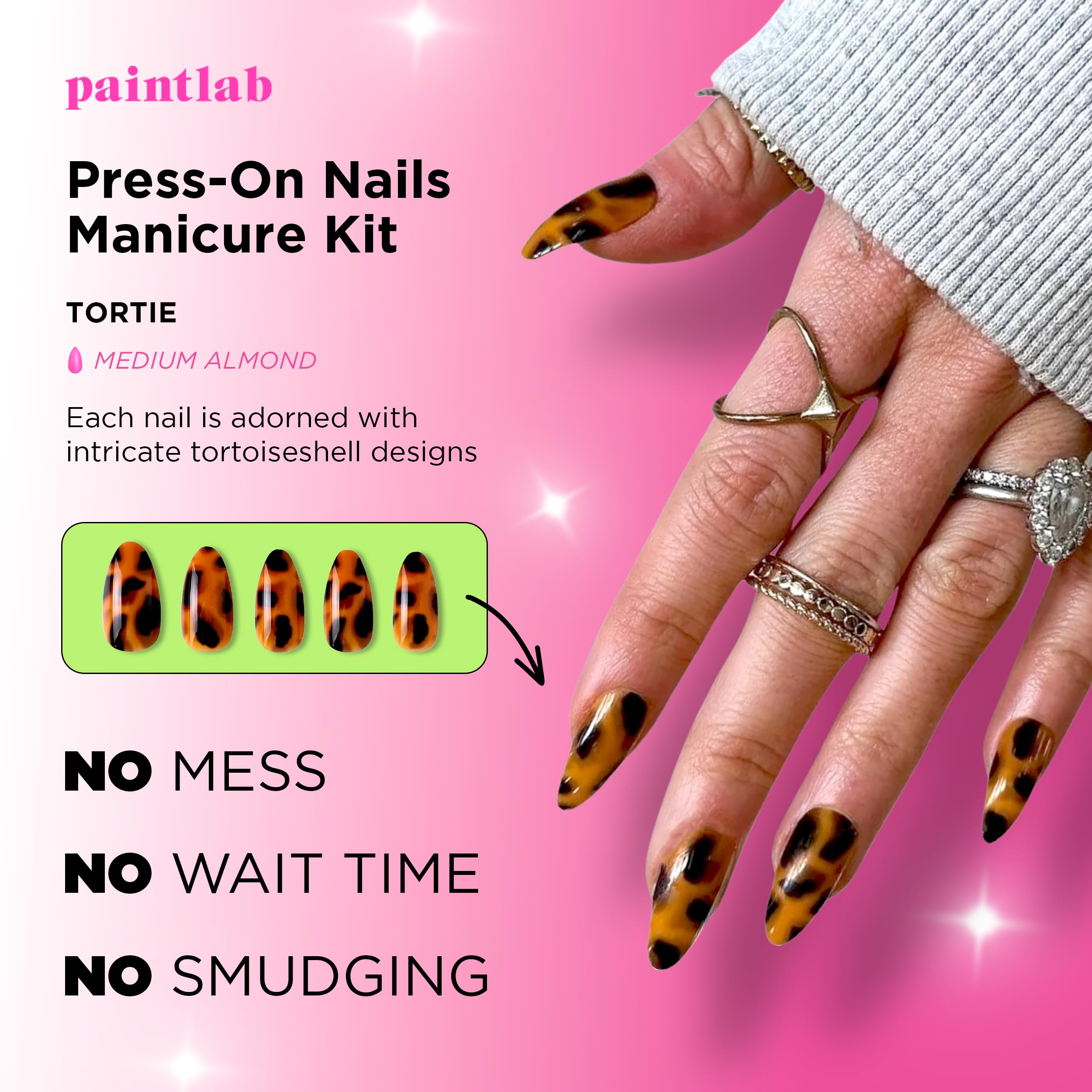 PaintLab Press-On Nails Kit – Tortie Almond, 24-Piece Set with Glue, File & Tools