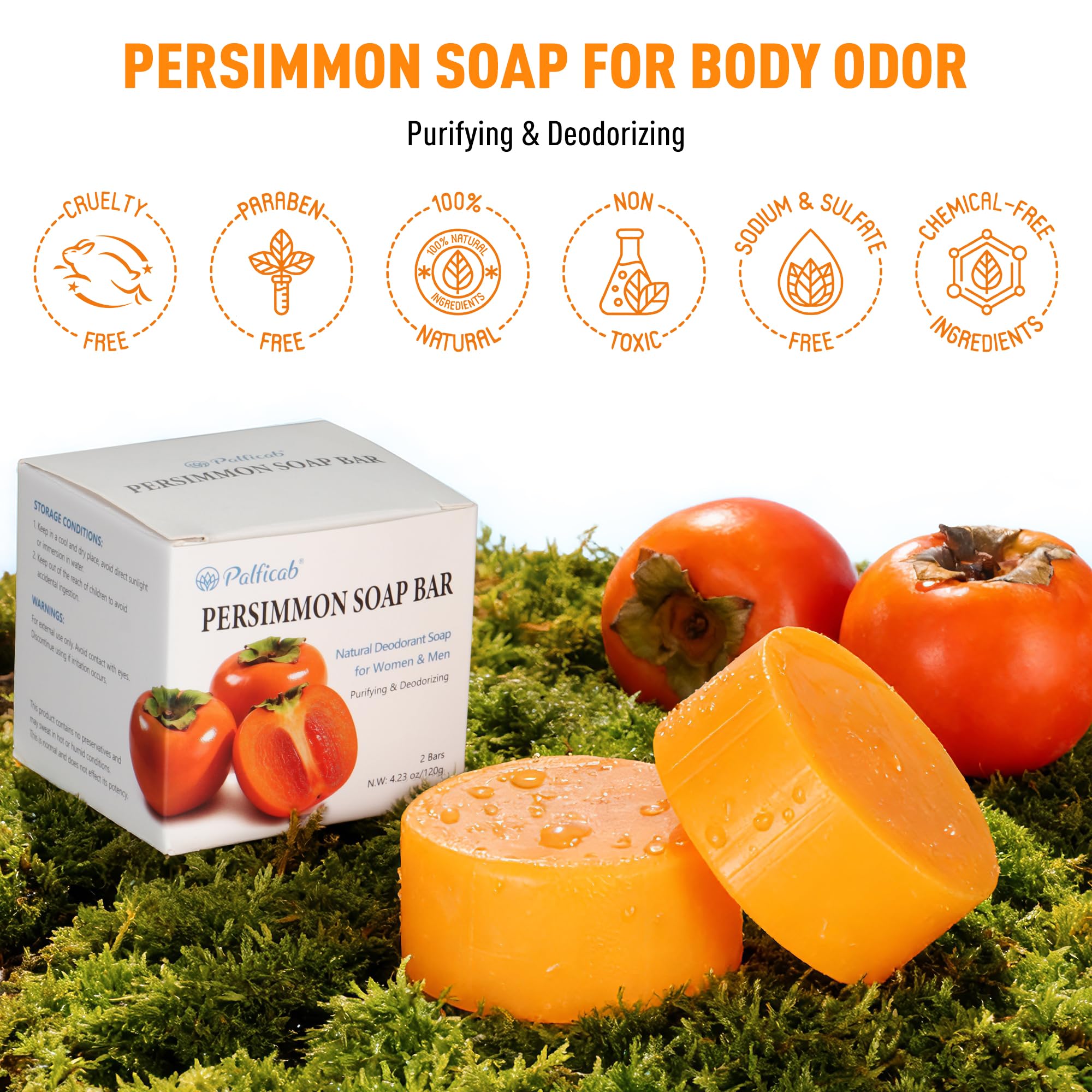 PALFICAB 120G Round Persimmon Soap – Natural Odor Control for Women & Men (2 Bars)