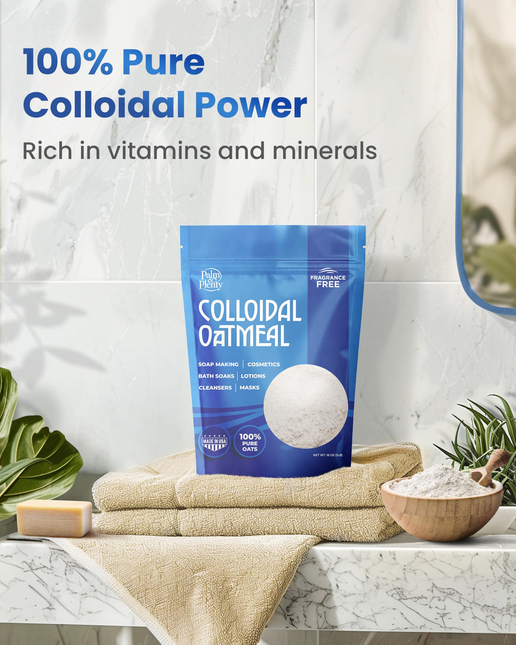 Palm and Plenty 100% Colloidal Oatmeal - Unscented, 16oz | DIY Bath & Skincare