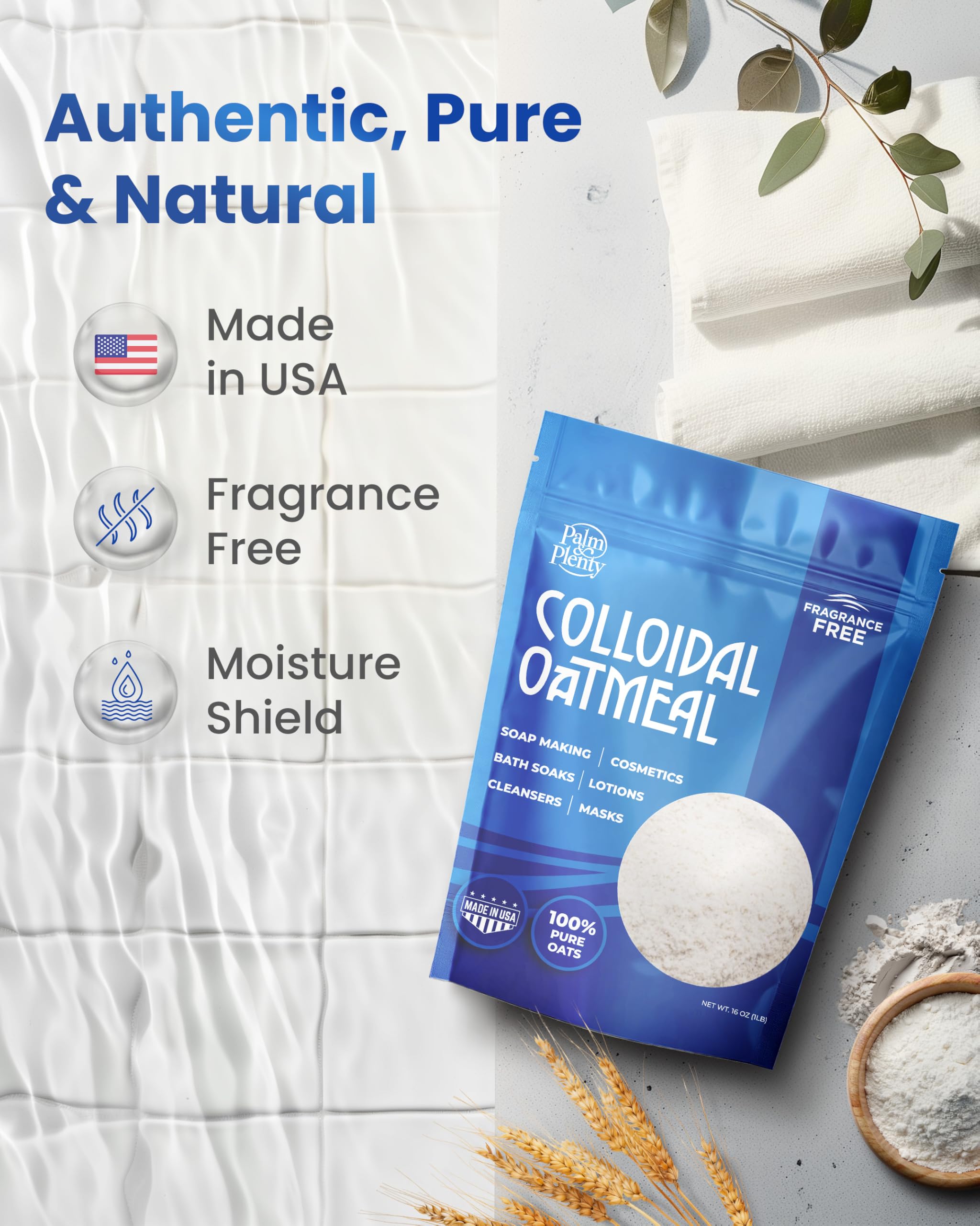 Palm and Plenty 100% Colloidal Oatmeal - Unscented, 16oz | DIY Bath & Skincare