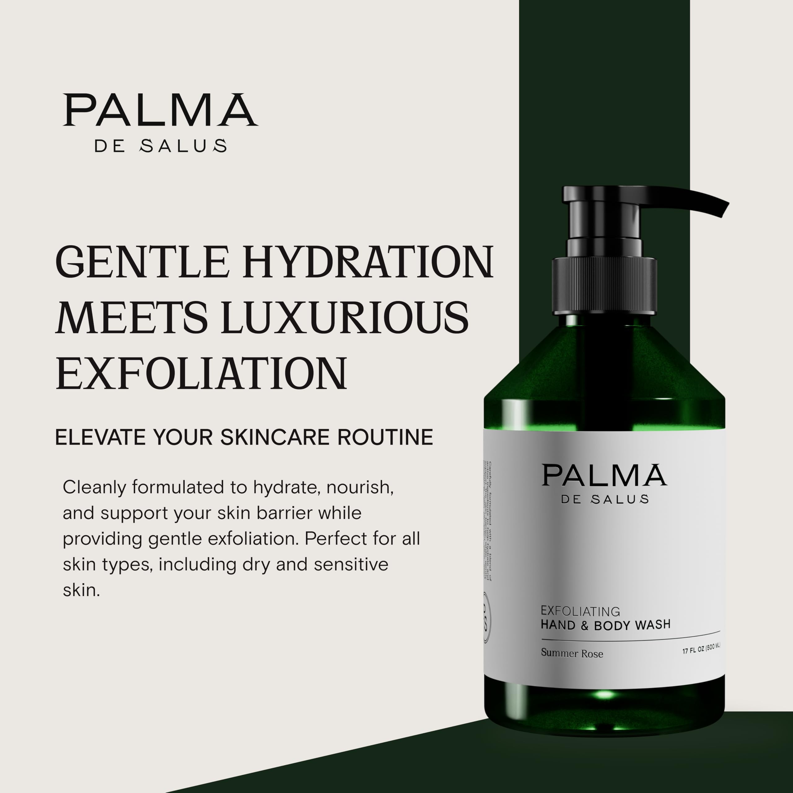 Palma de Salus Exfoliating Hand & Body Wash (Organic Summer Rose) – Hydrating Cleanser with Avocado Oil