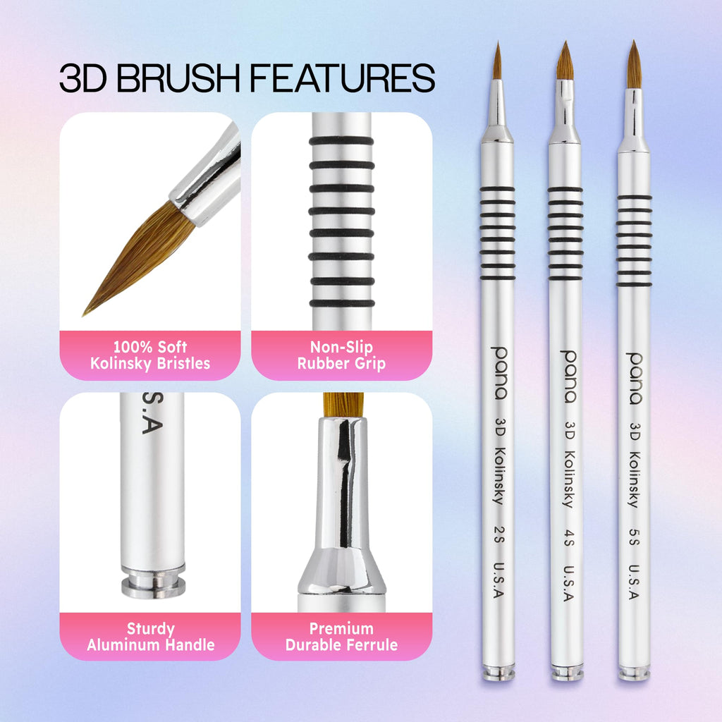 PANA 3D Kolinsky Acrylic Nail Art Brush #4 – Silver Non-Slip Grip for 3D Flower Nails