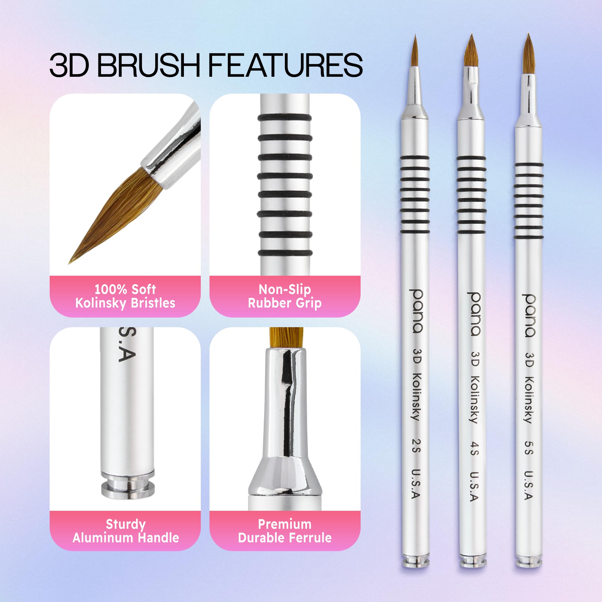 PANA 3D Kolinsky Acrylic Nail Art Brush #4 – Silver Non-Slip Grip for 3D Flower Nails