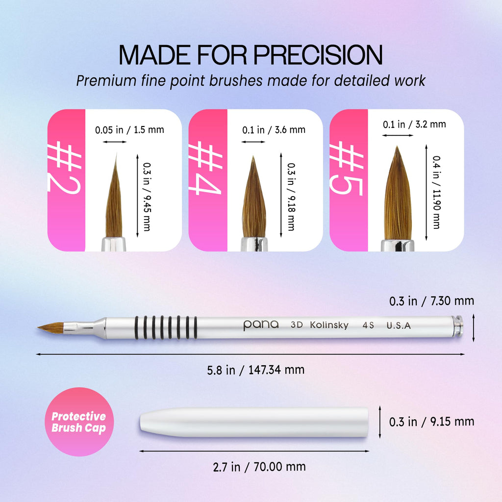 PANA 3D Kolinsky Acrylic Nail Art Brush #4 – Silver Non-Slip Grip for 3D Flower Nails