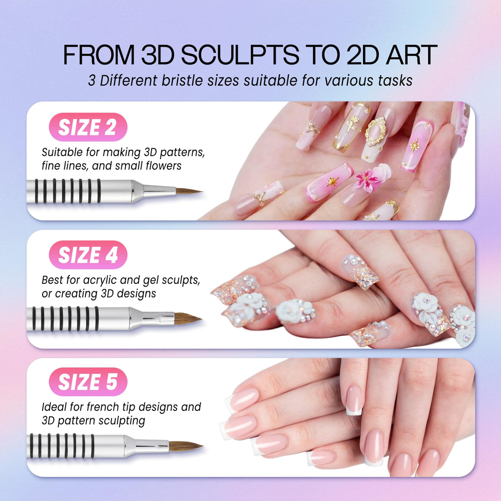 PANA 3D Kolinsky Acrylic Nail Art Brush #4 – Silver Non-Slip Grip for 3D Flower Nails